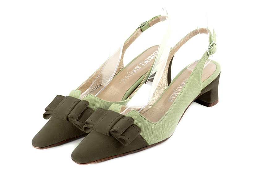Khaki green women's open back shoes, with a knot. Tapered toe. Low kitten heels. Front view - Florence KOOIJMAN